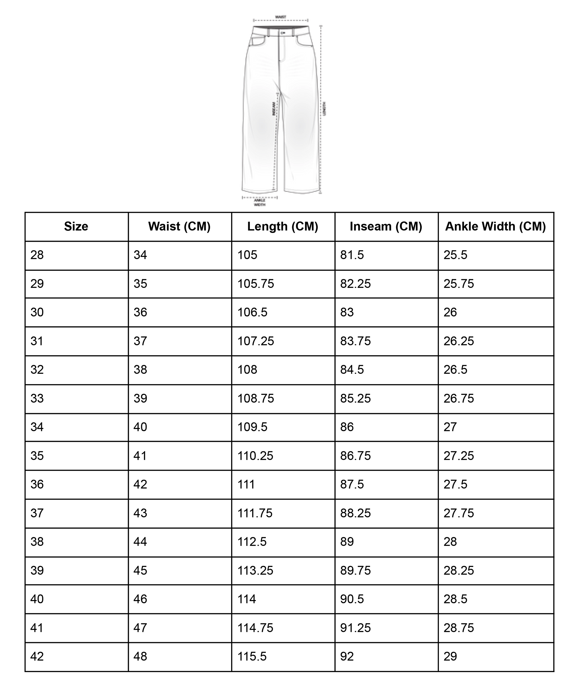 MIMOCI BLUE BLACK JEANS SS24 Size Chart